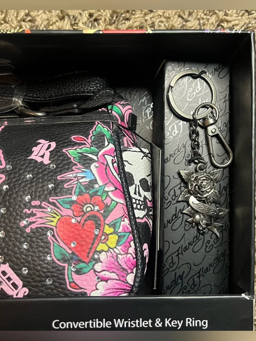 Ed Hardy Black Wristlet and keychain with Pink & Green Tattoo Floral Print